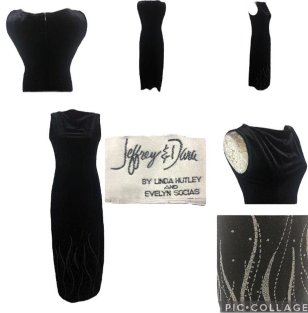Vintage 90's Jeffery & Dara long black velvet sleeveless dress w beading size 8